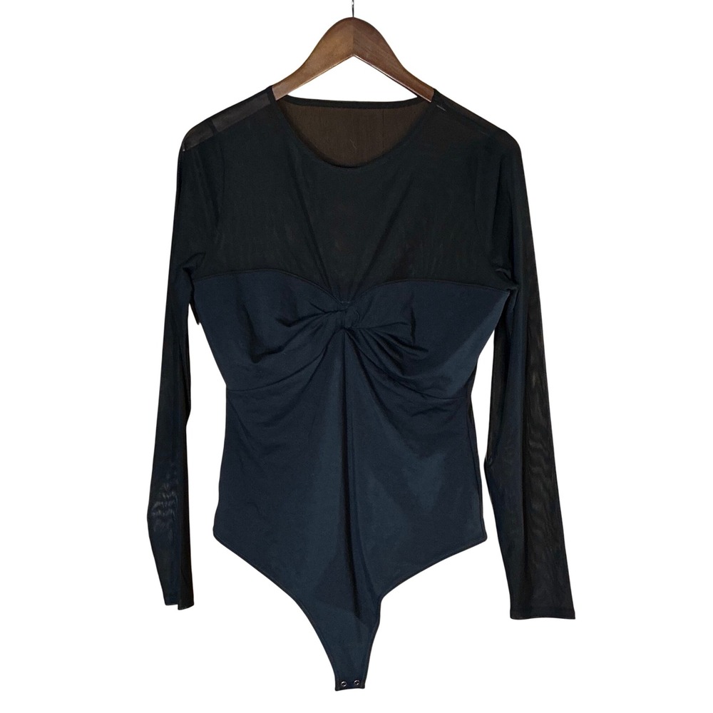 Abercrombie Fitch Women Black Mesh Twist Front Long Sleeve Bodysuit Size L Party